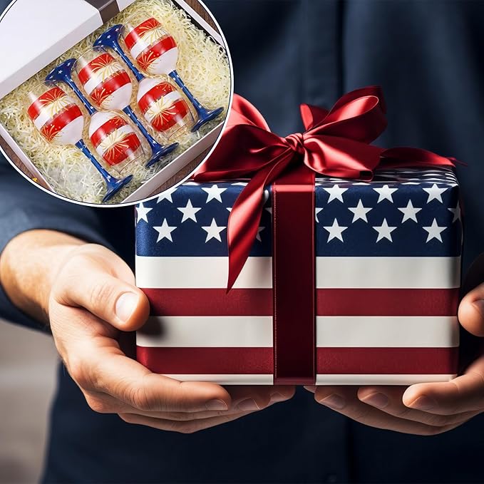 SiliFine 4 Pcs 4th of July Patriotic Party Stemmed Wine Glasses Hand Painted American Flag Stripes Fireworks Drinking Cup Wine Glasses Gifts for Independence Day Theme Holiday Party Supplies
