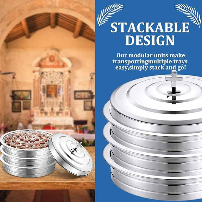 Jingmore Communion Ware 3 Holy Wine Serving Trays with 1 Cover Stainless Steel Communion Supplies Silver Trays for Churches Holy Ware Sets(Silver)