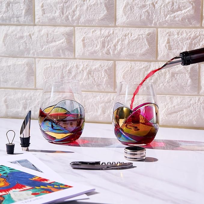 Artisanal Hand-Painted Stemless Wine Glasses & Accessories Set with Gift Box – Mother’s Day, Wife, Friends, or Girlfriend – Romantic Stained Glass Windows – Birthday or Housewarming Gift Idea