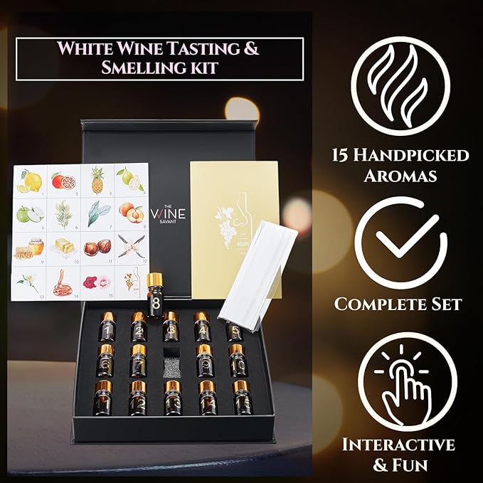 White Wine Aroma Kit - 15 Aromas, Tasting & Smelling Set for White Wines, Training & Educational Gift - Beginners & Sommelier Master, Book & Accessories Guide Included, Wine Game Gifts for Holidays