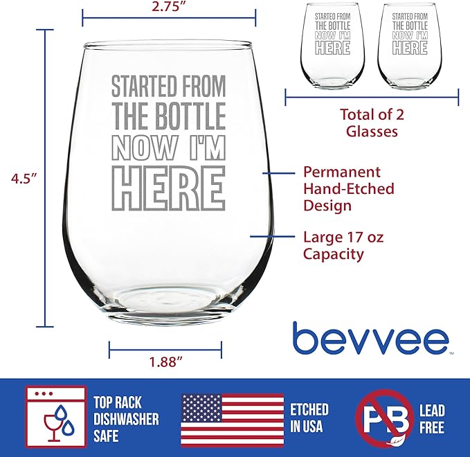 Bevvee Started From the Bottle – Funny Stemless Wine Glass, Large 17 Ounces, Etched Sayings, Gift Box