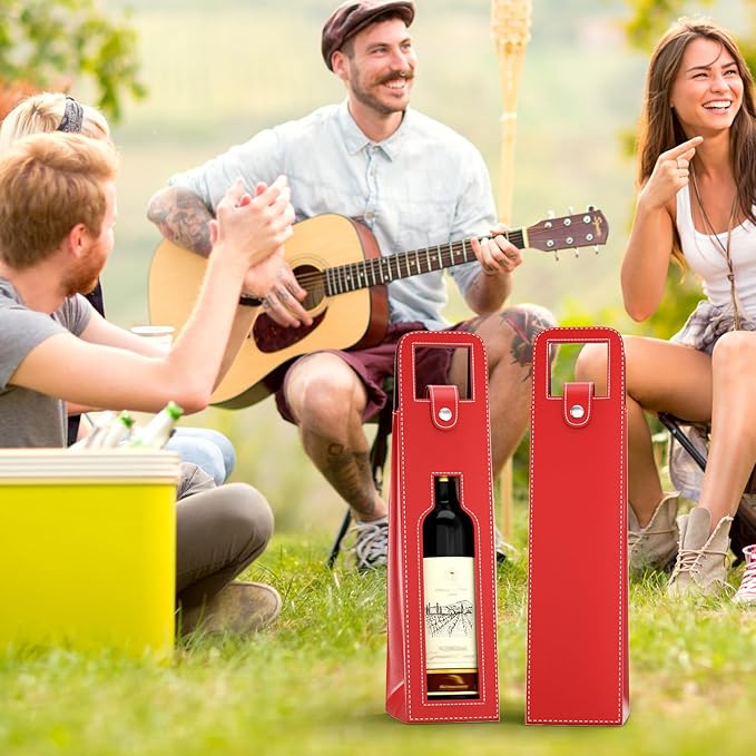 RYDDOY Wine Gift Bag, Reusable Leather Wine Tote Carrier, Single Bottle Champagne Beer Gift Bags Carrier for Birthday, Wedding, Picnic Party, Christmas festival Gifts (Red)