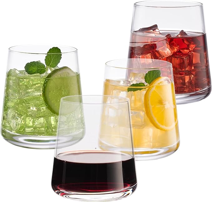 Stemless Wine Glasses Set of 4, 13.5 oz Hand-blown Whiskey Glasses for Red and White Wine, Universal Drinking Glasses for Water, Juice, Thickened Base & Dishwasher Safe, SWG-400-4