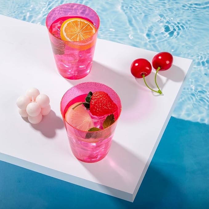 DaYammi 100 Pack Pink Plastic Cups 10Oz Clear Pink Disposable Party Cups for Martini and Cocktail,Fancy Disposable Cup for Wedding,Pink Party Cups Perfect for Mother's Day Party Wedding