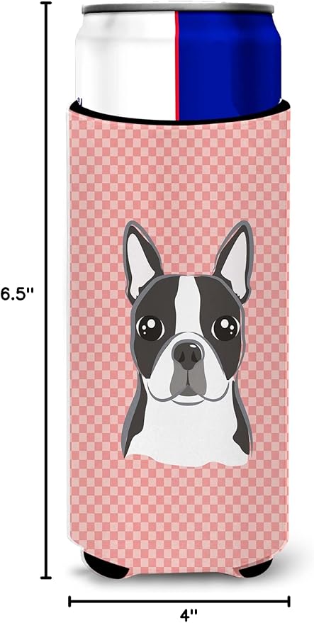 Checkerboard Pink Boston Terrier Ultra Beverage Insulators for slim cans BB1203MUK