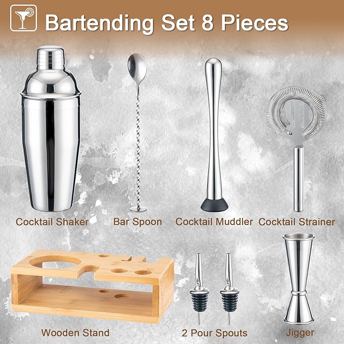BRIOUT Cocktail Shaker Set Bartender Kit with Stand, Bar Set Drink Mixer Set with All Essential Accessory Tools: Martini Shaker, Jigger, Strainer, Mixer Spoon, Muddler, Liquor Pourers | Silver