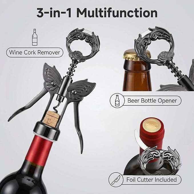 Wine Opener, 3 in 1 Zinc Alloy Premium Wing Corkscrew Wine Bottle Opener with Multifunctional Bottles Opener and Serrated Foil Cutter for Wine and Beer (Black)