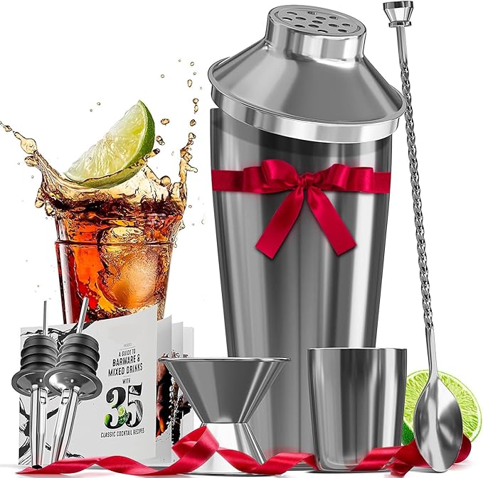 Bar Set Cocktail Shaker Set Bartender Kit, 8 Piece Silver Cocktail Set, Mixology Bartender Kit, Steel Drink Shakers Cocktail Kit, Bar Accessories: 24oz Martini Shaker, Muddler, Cocktail Book and More
