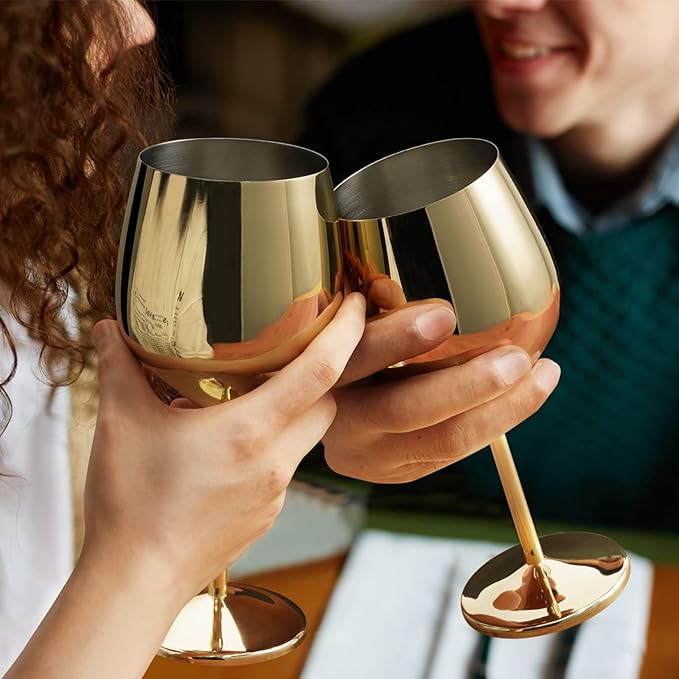 Lifecapido Stainless Steel Wine Glasses Set of 2, 18oz Stainless Steel Wine Goblets, Stemmed Metal Wine Glasses with Cup Brush for Party Office Wedding Anniversary, Great for Red White Wine (Gold)