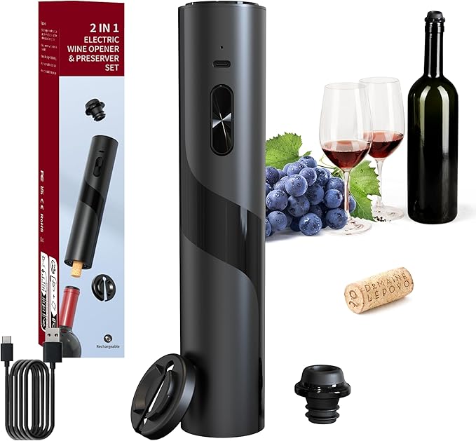 2‑in‑1 Electric Wine Opener & Wine Preserver COMBINED — Automatic Corkscrew at Bottom end + Wine Saver at Top end | Perfect Father’s Day Gift