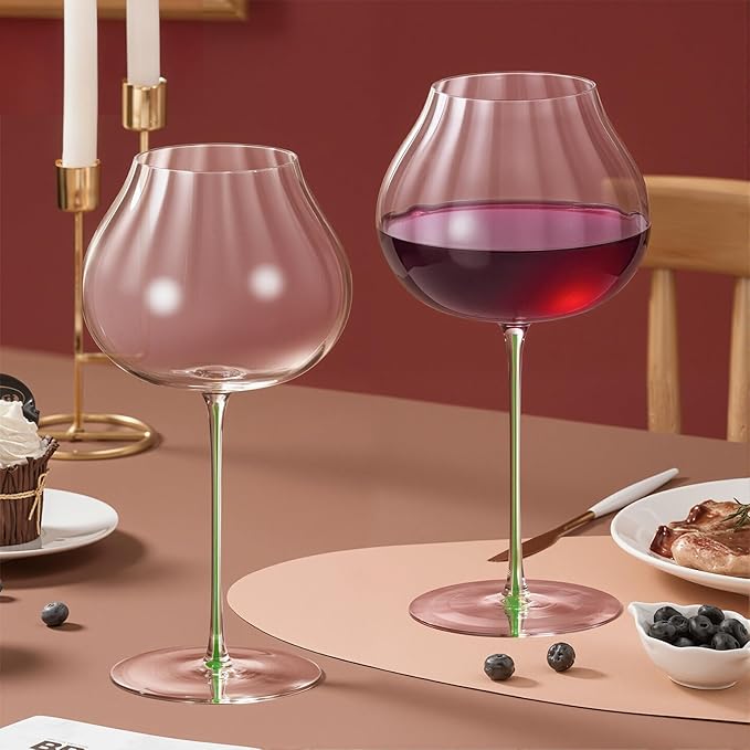 KAMMAK Wine Glasses Set of 2, 24.69 oz Hand Blown Crystal Bordeaux Wine Glasses, Thin Rim & Long Stem, Perfect for Red & White, Daily Use, Wedding or Birthday Gift with Gift Box, Onion Top Green