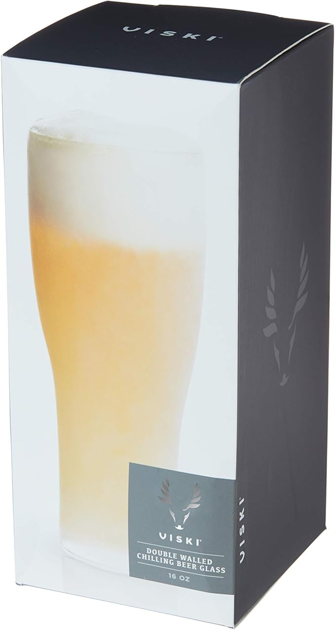 Viski Glacier Double Walled Beer Glass with Active Cooling Gel, Perfect for Cold Drinks at Indoor and Outdoor Parties, Special Occasions, Home Bar Accessories, Great Gifts for Men, 16 oz, Set of 1