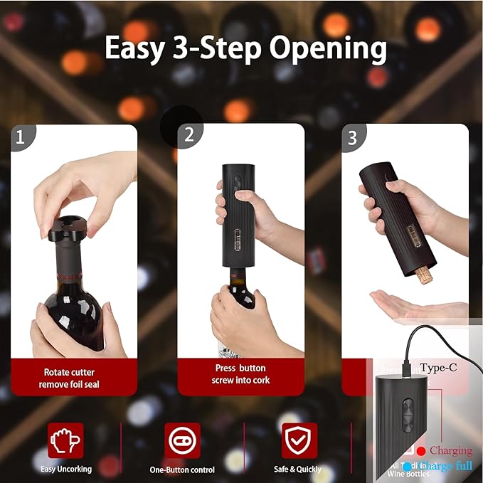 Electric Wine Opener Set include Bookpage-Style Electric Bottle Opener Rechargeable, Vacuum Stopper, Wine Pourer, Foil Cutter, Storage Base & USB Charging Cable (Red)