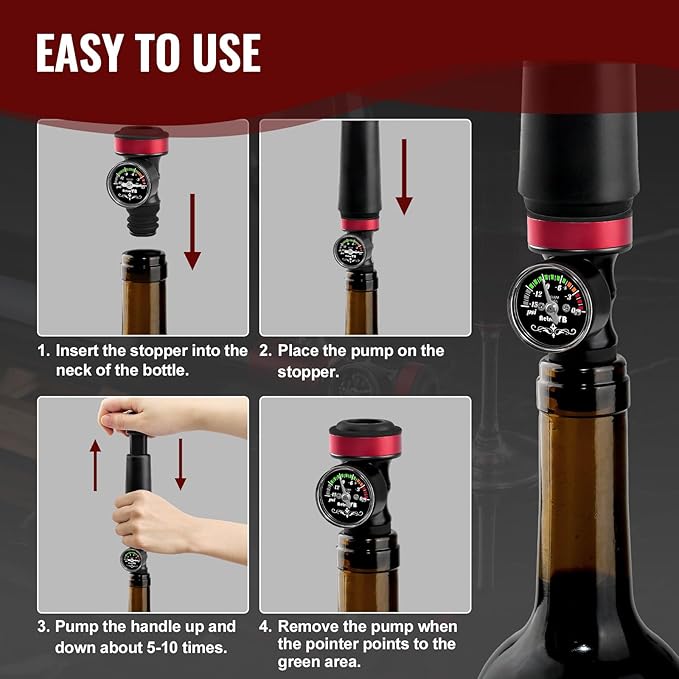2 Pack Wine Vacuum Saver Sealer with Real-Time Pressure Gauge, Reusable Bottle Stoppers for Red & White Wine Preservation - Airtight Seal, Keep Fresh 5X Longer (Includes Hand Pump)