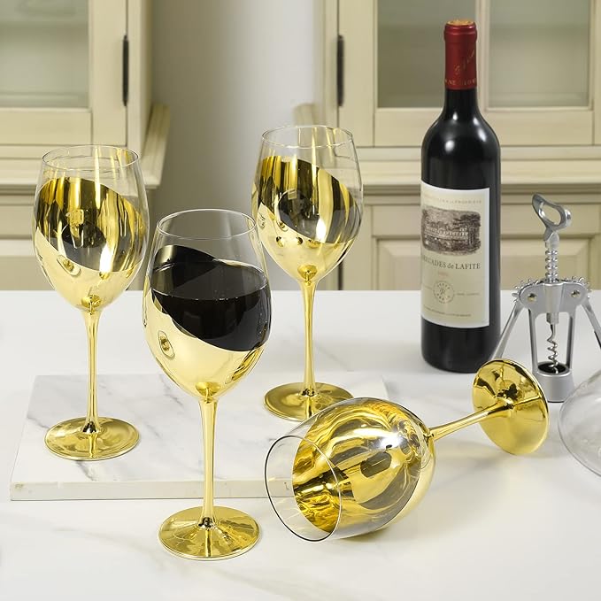 MyGift Modern Brass Long Stemmed Wine Glasses for White or Red Wine with Elegant Angled Design, Set of 4
