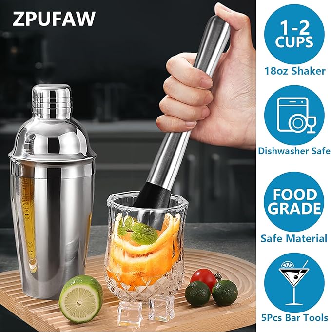 ZPUFAW 5-Piece Cocktail Shaker Set Shaker Strainer Jigger T-Mixing Spoon Muddler Bartender Kit Stainless Steel Bar Set Housewarming Gift