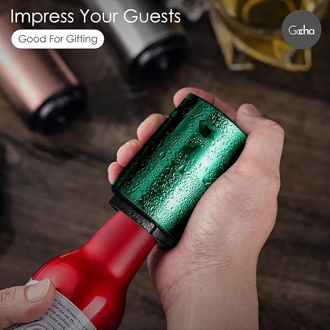 GOCHA | Magnetic Beer Bottle Opener with Automatic Cap Catcher – Stainless Steel Push-Down Gadget, One-Hand Bar Tool for Beer & Soda Bottles (Green)