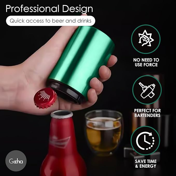 GOCHA | Magnetic Beer Bottle Opener with Automatic Cap Catcher – Stainless Steel Push-Down Gadget, One-Hand Bar Tool for Beer & Soda Bottles (Green)