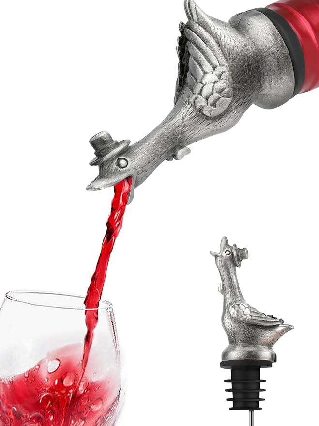 Goose Wine Pourer with Top Hat, Zinc Alloy Metal Animal Liquor Bottle Pourer Spout with Aerator & Stopper, Drip Free Universal Fit for Wine Whiskey Spirits, Funny Bar Accessory & Gift for Wine Lovers