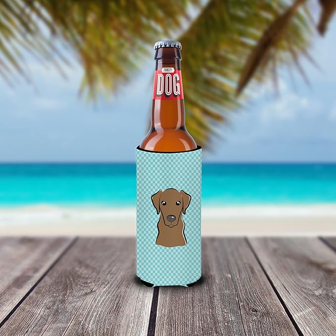 Checkerboard Blue Chocolate Labrador Ultra Beverage Insulators for slim cans