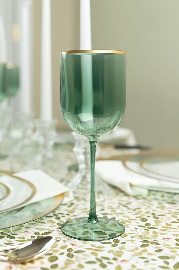 PLASTICPRO Green Wine Cup with Gold rim Plastic Wine Glasses Set of 5 Elegant Wine Goblets Hard Plastic Wine Cups on Stem 12 Ounce