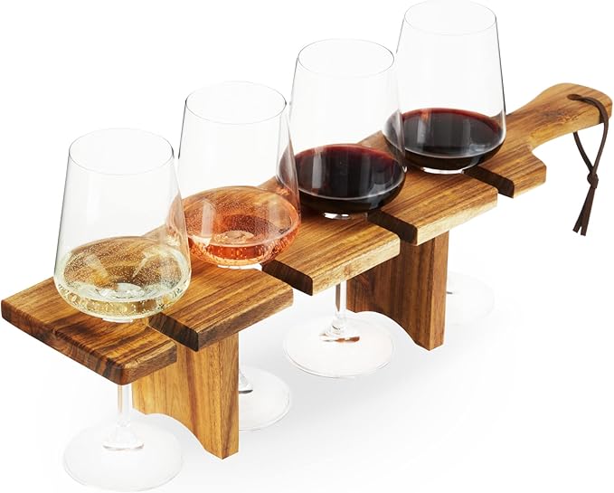 Twine Easy Wine Flight Server, Wine Tasting Carrier Board, Holds 4 Stemmed Wine Glasses, Acacia Wood Serving Tray, Set of 1