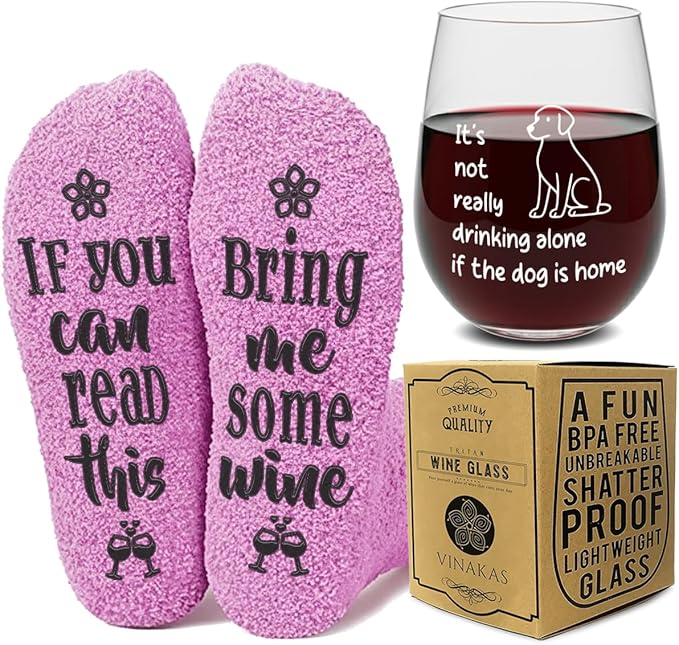 FUNNY WINE GLASSES + WINE SOCKS -16 oz Unbreakable Stemless Wine Glass With Sayings & Fuzzy Girl Socks “If You Can Read This, Bring Me Some Wine"
