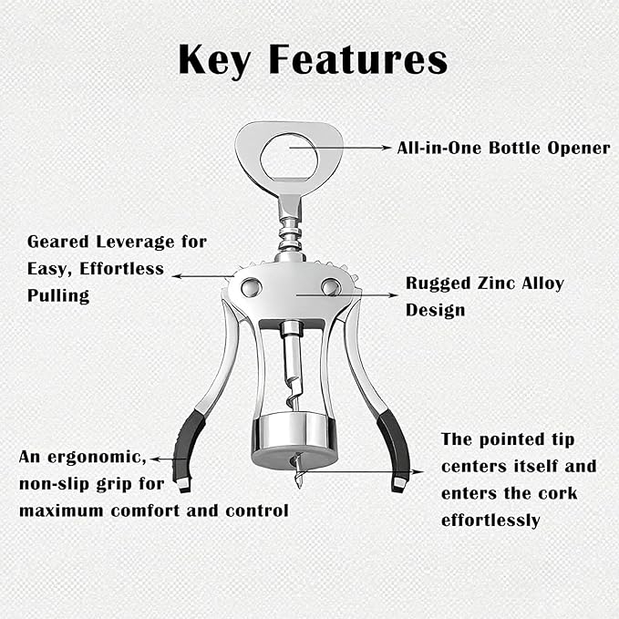 Wine Opener Set, Heavy-Duty Zinc Alloy Wing Corkscrew with Foil Cutter, Vacuum Stopper and Wine Aerator Pourer, Multifunctional Bottle Opener for Kitchen, Bar, Restaurant, Bartender, Perfect Wine Gift