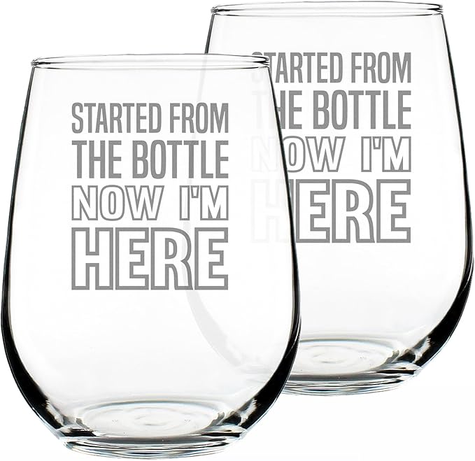 Bevvee Started From the Bottle – Funny Stemless Wine Glass, Large 17 Ounces, Etched Sayings, Gift Box
