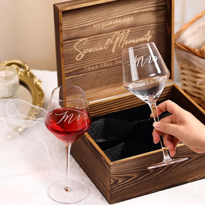 2026 Mr & Mrs Wine Glasses Gift Set with Memory Box,Wine Bag, Greeting Card – Engagement, Wedding & Newlywed Gifts for Couples, Just Engaged Gifts for Women