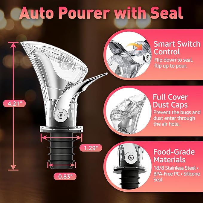 IOV Wine Bottle Pourer, Upgraded Sealing Wine Stopper with Dust Caps, Auto Flip Pourer Spout for Liquor, Olive Oil, Vinegar and Syrup, No-Drip Wine Accessories Gift for Wine Lovers