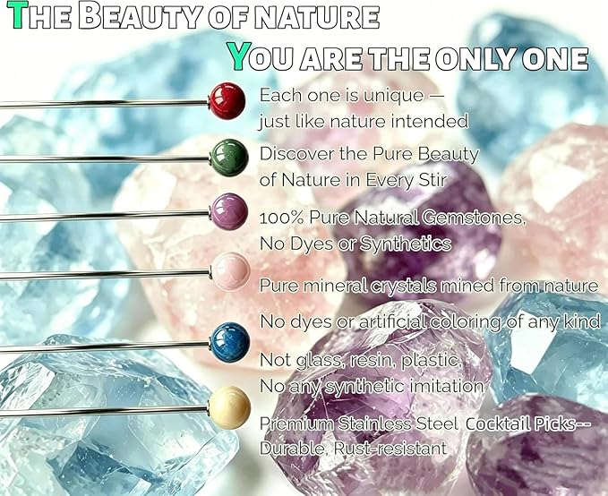Homestia 6PCS Crystal Cocktail Picks, 4.6" Colorful Natural Gemstone Martini Sticks, Reusable Metal Olive Skewers Cocktail Pins Garnish Picks for Cocktails Drinks Party