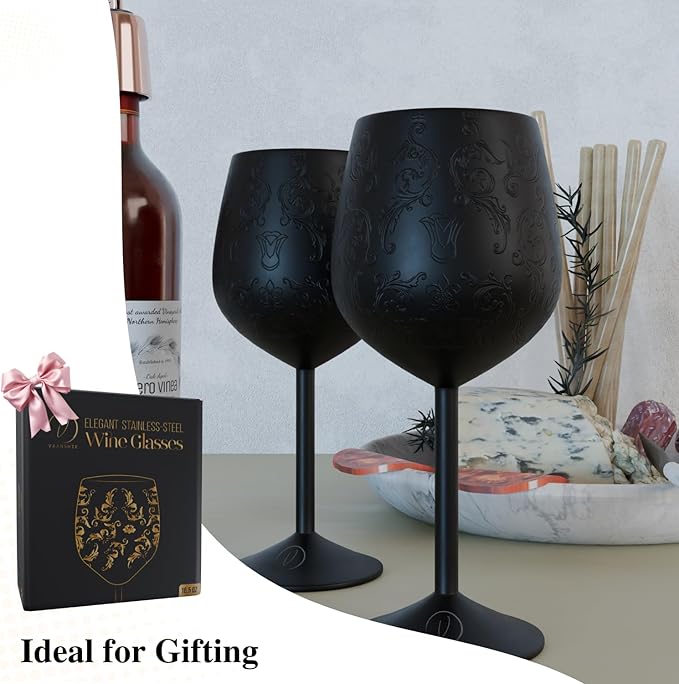Mother’s Day Gift for Mom – Set of 2 Etched black Stainless Steel Wine Glasses, 17oz Engraved Goblets with Bottle Stopper, Unbreakable Elegant Wine Cups, Gift for Women, Wife, Mom, Sister