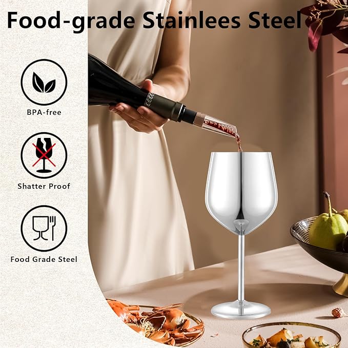 Stainless Steel Wine Glasses Set of 4 Unbreakable Wine Glass 18 oz Unique Metal Wine Goblets for Outdoor, Travel, Camping, Pool, Ideal Gift for Wine Lovers (Mirror-Silver)
