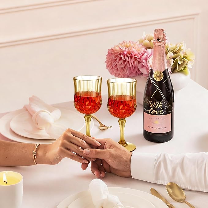 7OZ Plastic Wine Glasses, Disposable Goblets Drinking Glasses Crystal Vintage Water Cups Unbreakable Champagne for Wedding, Parties, Valentine's Day (Yellow)