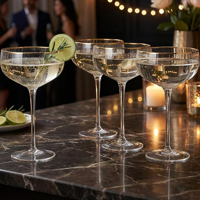 Gold Rim Coupe Glasses 11 oz, Set of 4 Classic Manhattan Glasses - Martini, Cocktails, Champagne, Wine & Water, Coupes Gilded Rimed, Crystal Stemmed, Short Stem Sets Perfect for Drinking Champagne