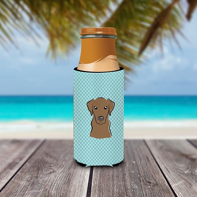 Checkerboard Blue Chocolate Labrador Ultra Beverage Insulators for slim cans
