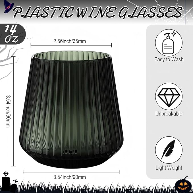 Suclain Plastic Wine Glasses Ribbed Stemless Wine Glasses 14oz Vertical Design Unbreakable Cups for Outdoor Indoor Vintage Elegant Champagne Whiskey Cups for Party Wedding(Black,50 Pcs)