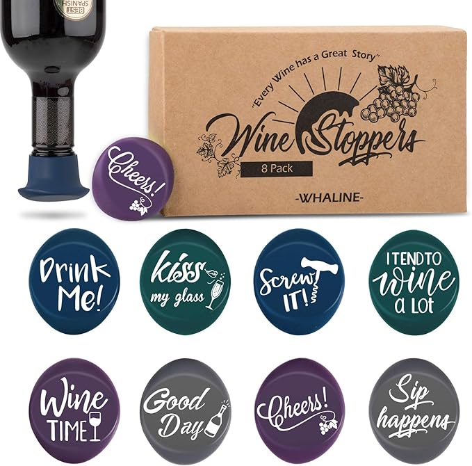 Whaline 8 Pack Silicone Wine Bottle Stoppers and Gift Box, Funny Silicone Reusable Caps Bottle Sealers with a Funny Saying for Wine Beer Bottles