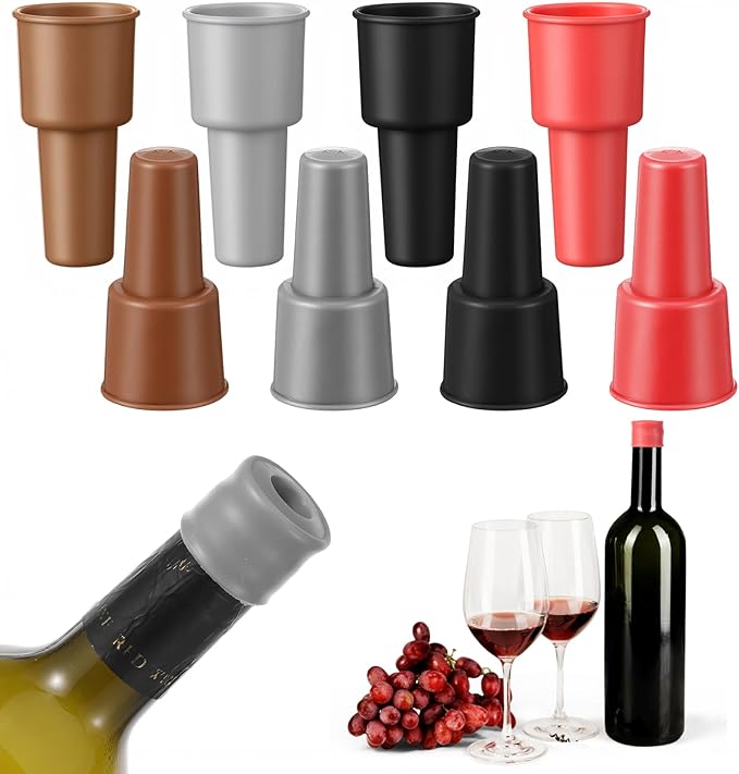 8Pcs Silicone Wine Stopper, Reusable Wine Bottle Stoppers for Champagne & Beer Bottles, Air Tight Seal to Keep Fresh, 4 Colors (Red/Brown/Gray/Black)