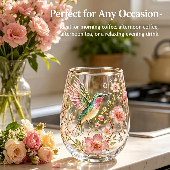 2026 Garden Hummingbird Morning Bliss Glass Tea Cup, Elegant Gold Rimmed Glassware with 14 Oz, Clear Cup for Loose Leaf, Nature Art Decorative Tumbler Gift for Women Mom Wife(Hummingbird)