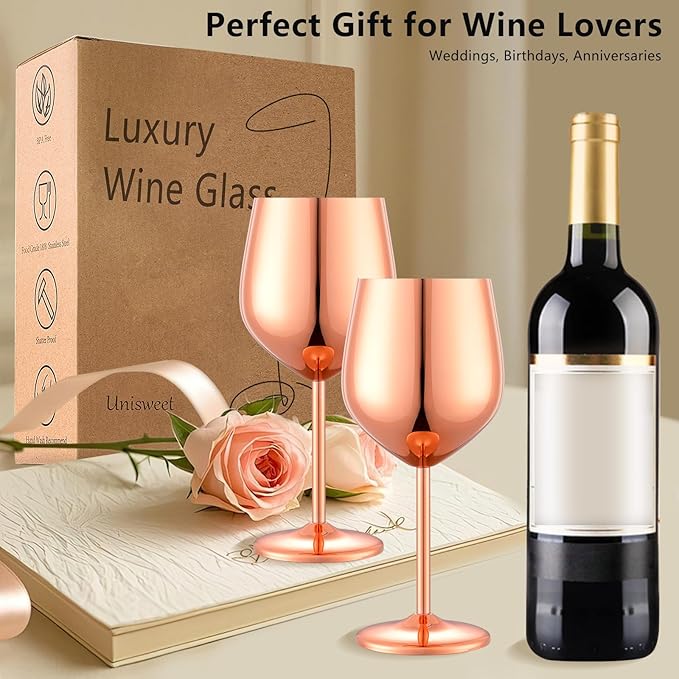 Stainless Steel Wine Glasses Set of 4 Unbreakable Wine Glass 18 oz Unique Metal Wine Goblets for Outdoor, Travel, Camping, Pool, Ideal Gift for Wine Lovers (Mirror-Rose Gold)