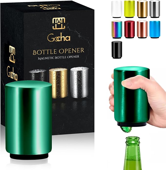 GOCHA | Magnetic Beer Bottle Opener with Automatic Cap Catcher – Stainless Steel Push-Down Gadget, One-Hand Bar Tool for Beer & Soda Bottles (Green)