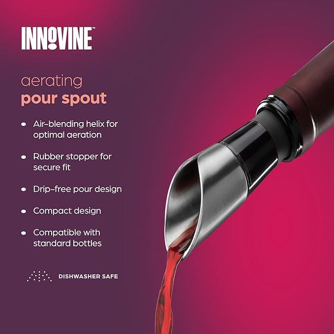 Innovine Aerating Pour Spout, Compact Wine Aerator with Air-Blending Helix and Drip-Free Rubber Stopper, Home Bar Accessories, Kitchen Essentials, 3.75-Inch, Set of 1