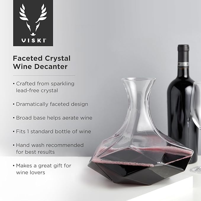Viski Faceted Wine Decanter, Lead-Free Crystal Carafe for Red and White Wine with Broad Base for Aeration, Elegant Large Pitcher for Wedding Gifts, Housewarming Essentials, 64 oz (1.9 L), Set of 1