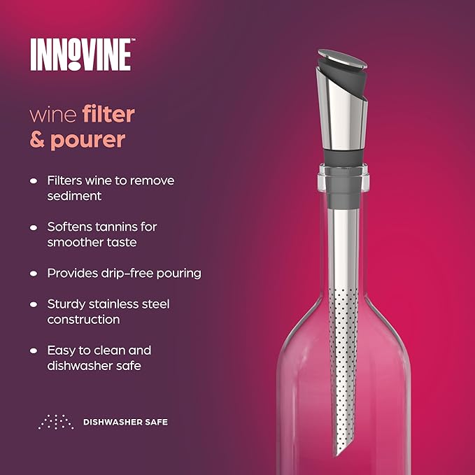 Wine Filter and Pourer – Drip-Free Stainless Steel Wine Spout with Integrated Filter and Leak-Proof Silicone Stopper – Removes Sediment, Softens Tannins and Preserves Wine – Dishwasher Safe
