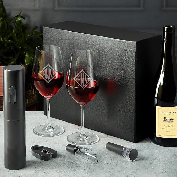 Custom Wine Glasses Set - 6pc Engraved Wine Glasses with Electric Opener, Wine Accessories, and Luxury Box
