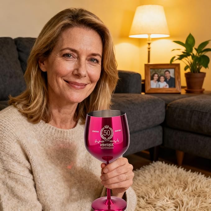 50th Birthday Gifts Wine Glass for Her Women, Stainless Steel Metal Unbreakable Decoration Glasses Rose Red Cup 17oz with Vintage Print-Unique 50 Year Old Present for Mom Wife Sister Friend