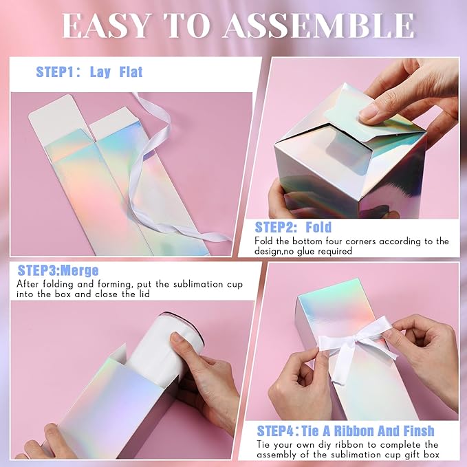Qilery 12 Sets Gift Boxes with Ribbon for Sublimation Glass Tumbler Gift Boxes for 12oz, 20oz, 30oz Shipping Cup Exhibition Packaging(Rainbow)