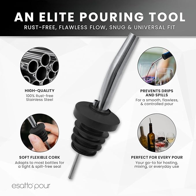 50-Pack Stainless Steel Liquor Bar Bottle Pourers - 50 Dust Caps & 10 Adapters - Drip-Free Nozzle - Pour Spouts for Alcohol & Bartending - Universal Fit Speed Spout - Rust-Free & Easy Clean - Chrome